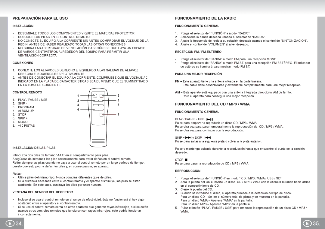 Elta 2383 manual Preparación Para EL USO, Funcionamiento DE LA Radio, Funcionamiento DEL CD / MP3 / WMA 