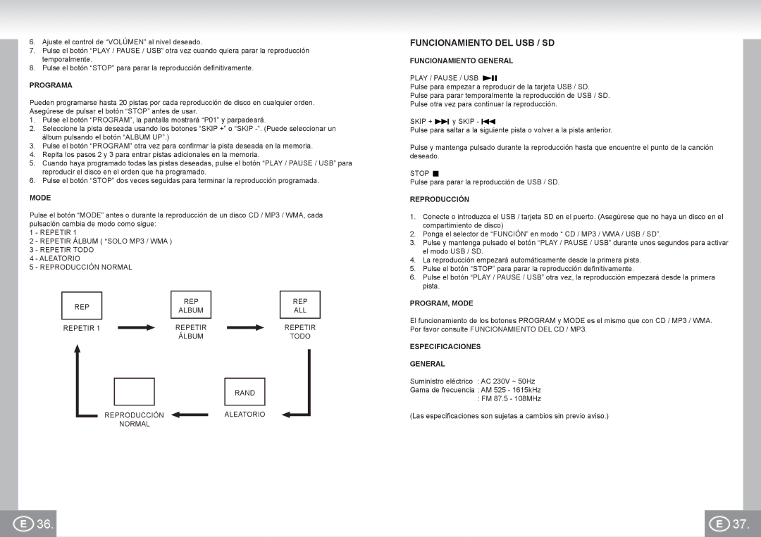 Elta 2383 manual Funcionamiento DEL USB / SD, Programa, Especificaciones General 