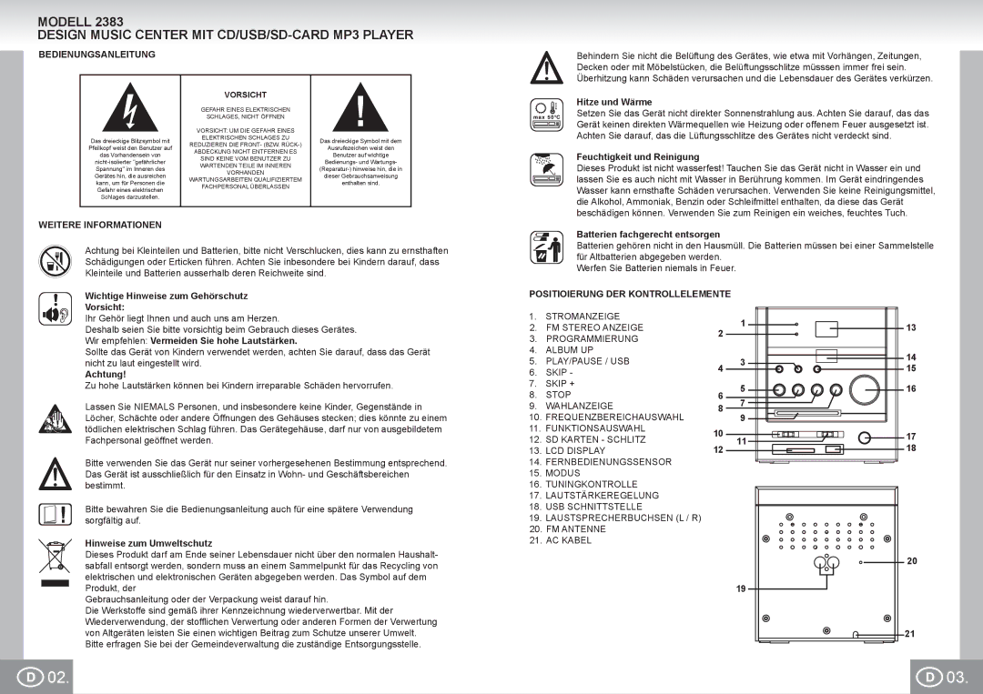 Elta 2383 manual Modell Design Music Center MIT CD/USB/SD-CARD MP3 Player, Bedienungsanleitung, Weitere Informationen 