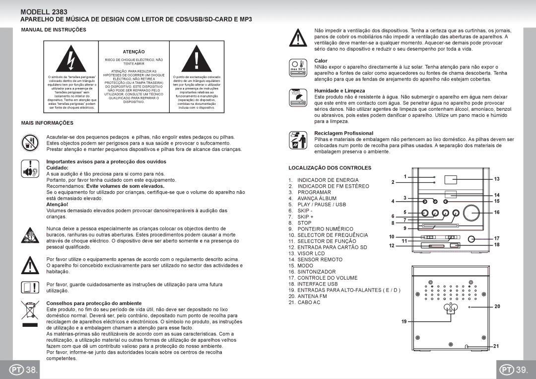 Elta 2383 manual Manual DE Instruções, Mais Informações, Localização DOS Controles, Cabo AC 