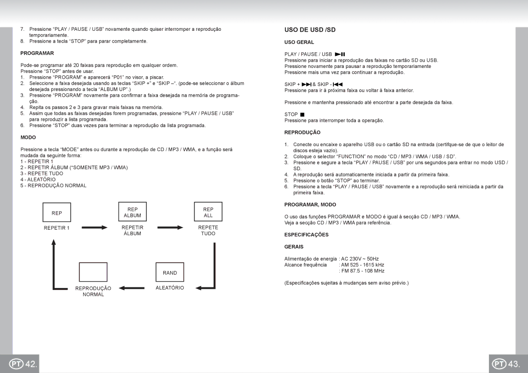 Elta 2383 manual Uso De Usd /Sd, Programar, PROGRAMAR, Modo, Especificações Gerais 