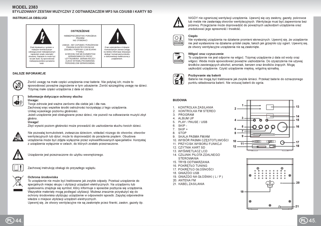 Elta 2383 manual Instrukcja Obsługi, Dalsze Inforamcje, Budowa, Kabel Zasilania 