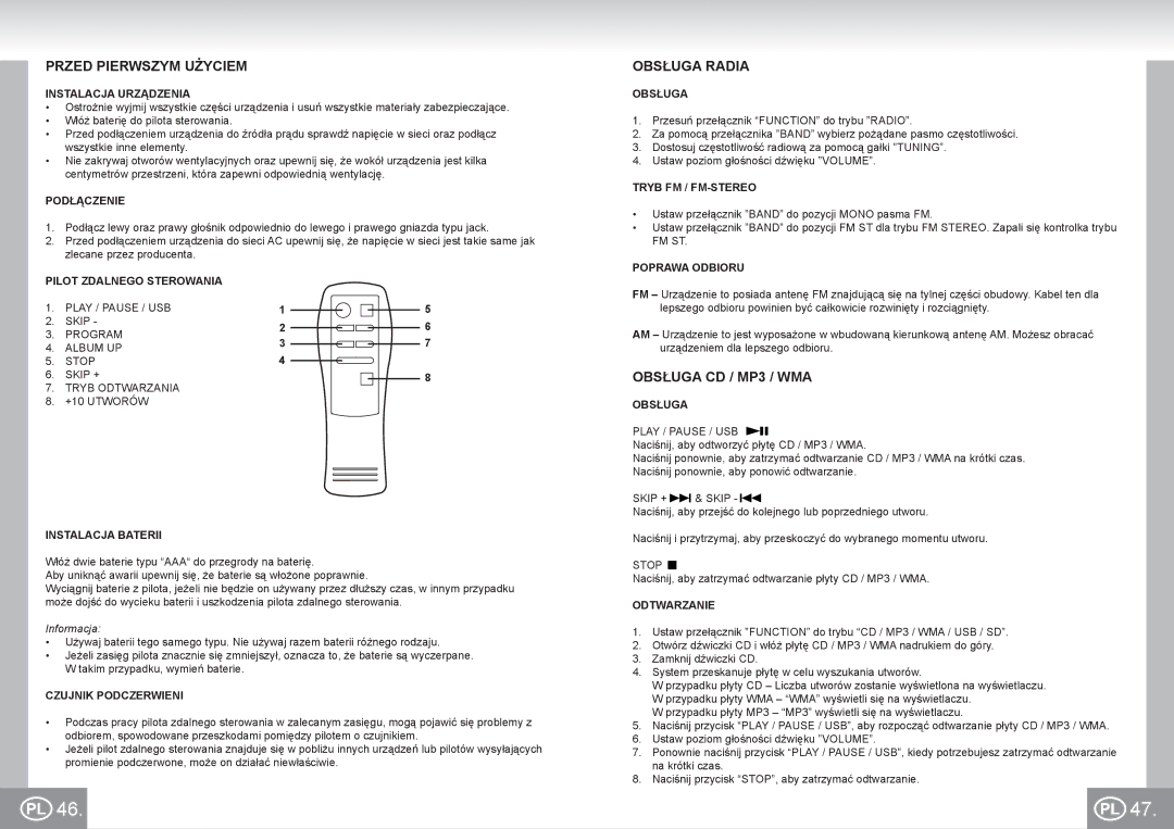 Elta 2383 manual Przed Pierwszym Użyciem, Obsługa Radia, Obsługa CD / MP3 / WMA 