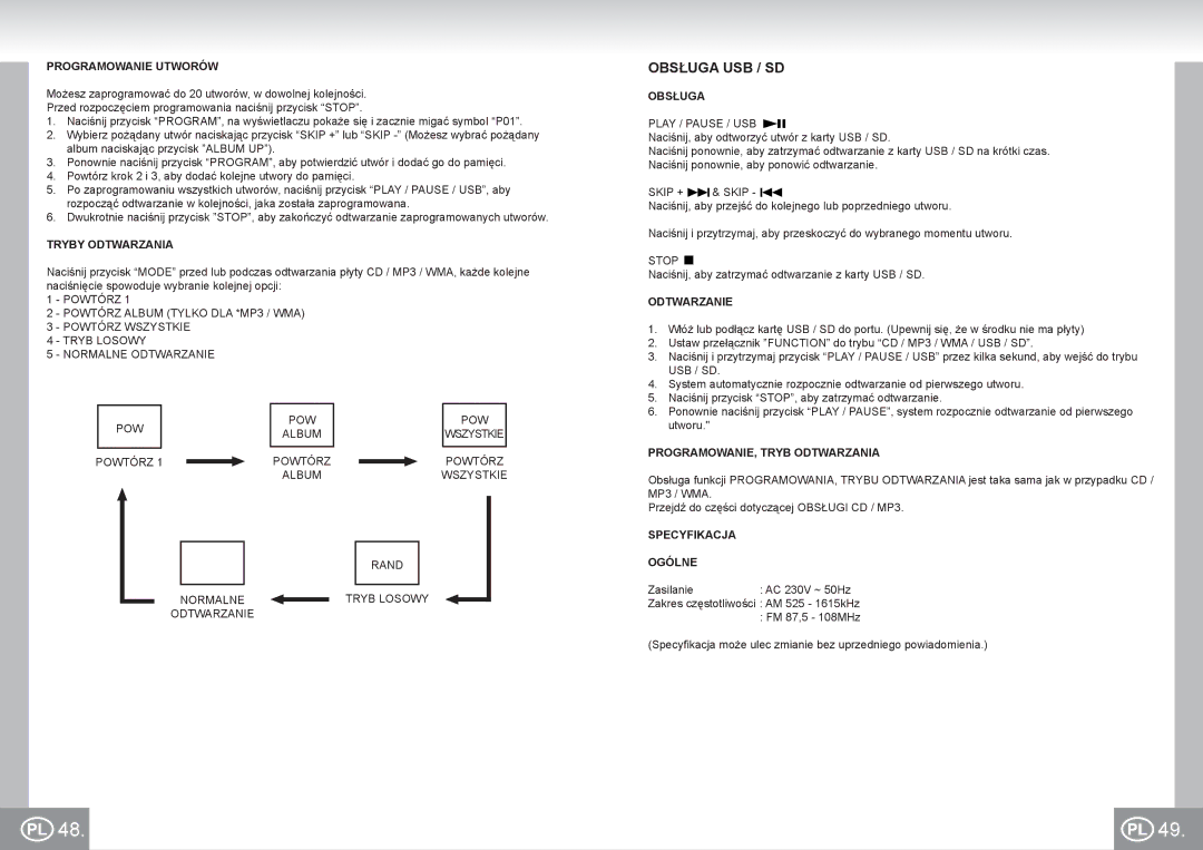 Elta 2383 Obsługa USB / SD, Programowanie Utworów, Tryby Odtwarzania, PROGRAMOWANIE, Tryb Odtwarzania, Specyfikacja Ogólne 