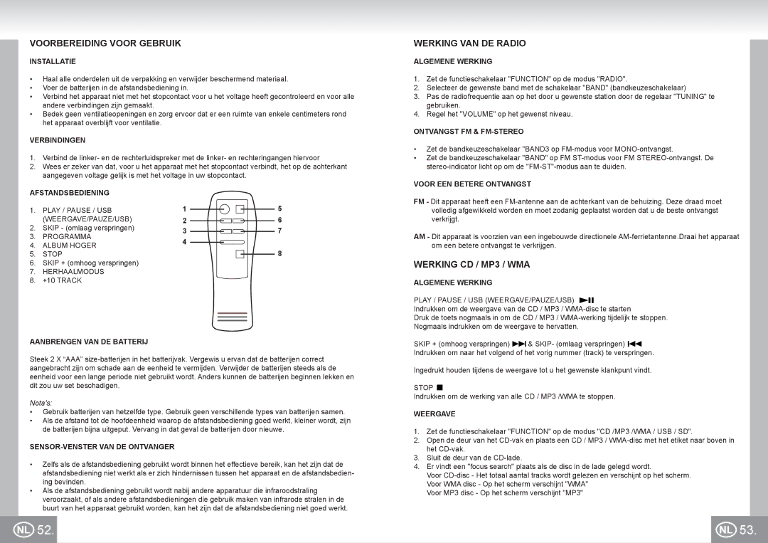 Elta 2383 manual Voorbereiding Voor Gebruik, Werking VAN DE Radio, Werking CD / MP3 / WMA 