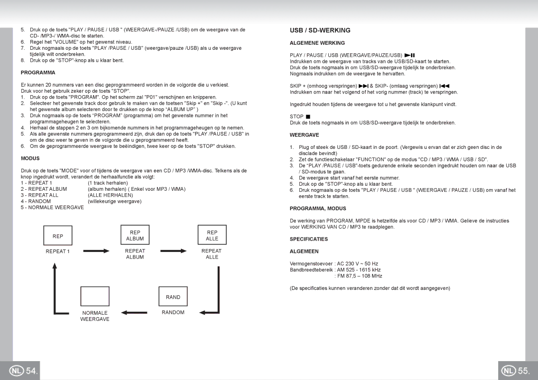 Elta 2383 manual Usb / Sd-Werking, PROGRAMMA, Modus, Specificaties Algemeen 