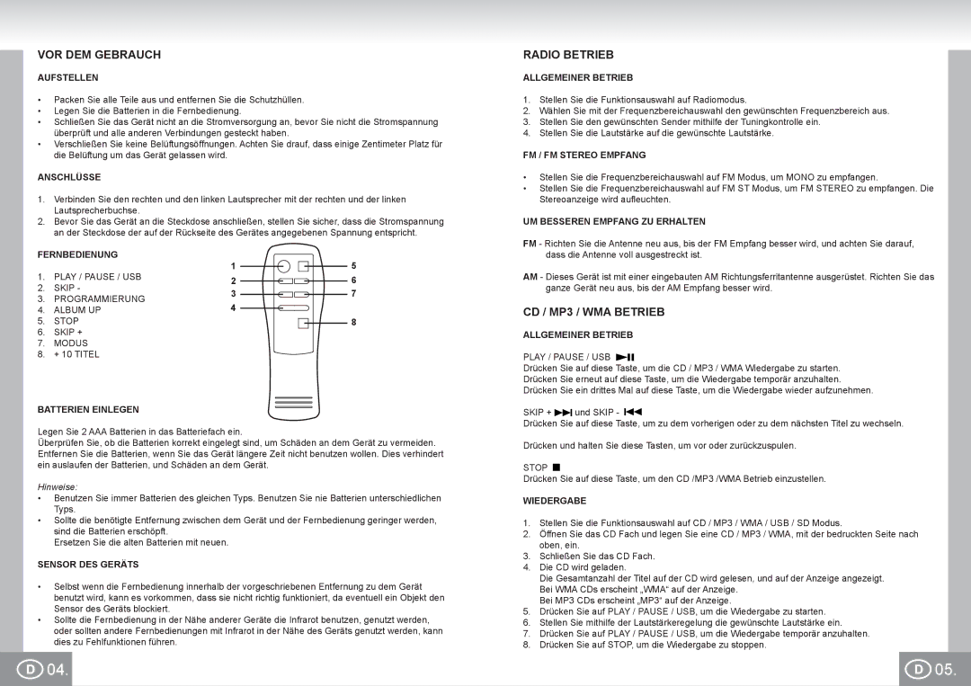 Elta 2383 manual VOR DEM Gebrauch, Radio Betrieb, CD / MP3 / WMA Betrieb 