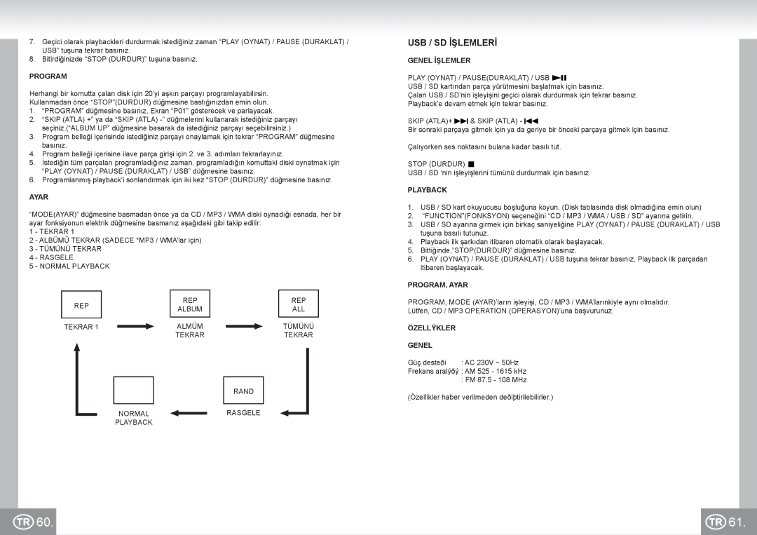 Elta 2383 manual USB / SD İşlemlerİ, PROGRAM, Ayar, Özellýkler Genel 