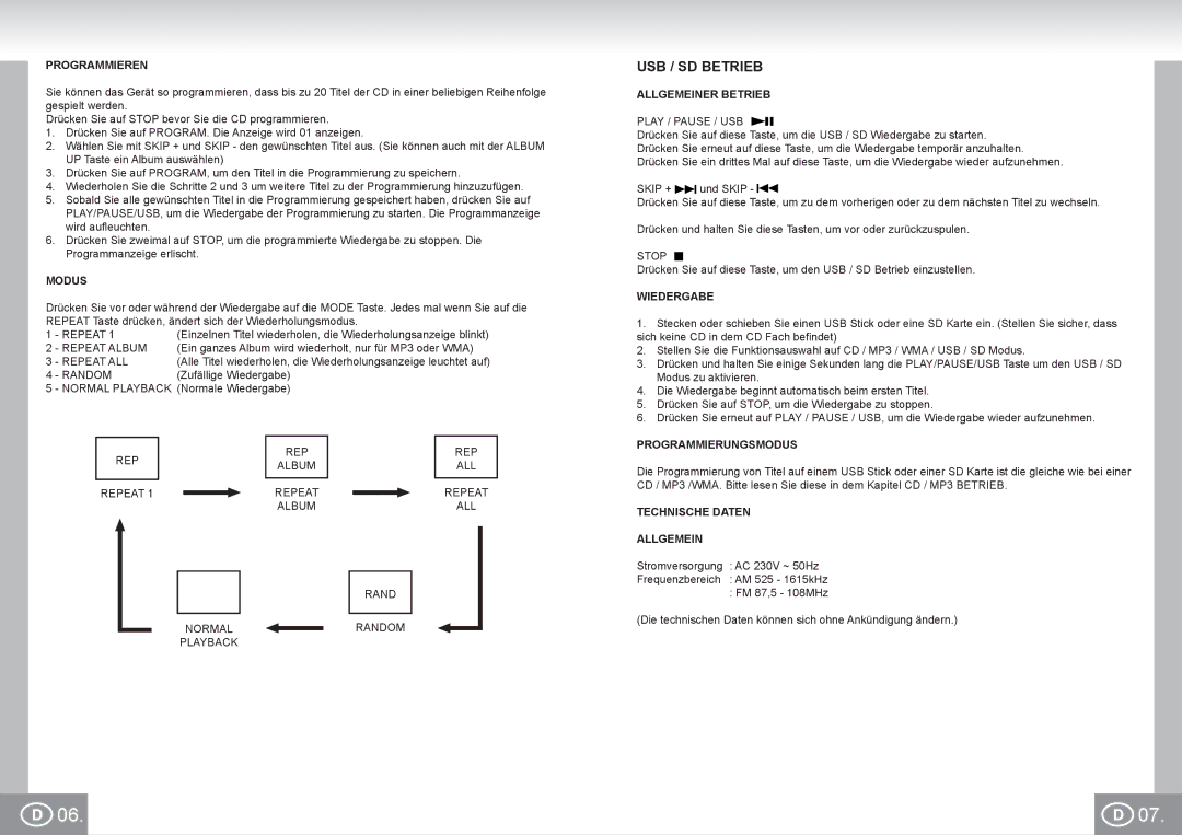 Elta 2383 manual USB / SD Betrieb, Programmieren, Modus, Programmierungsmodus, Technische Daten Allgemein 