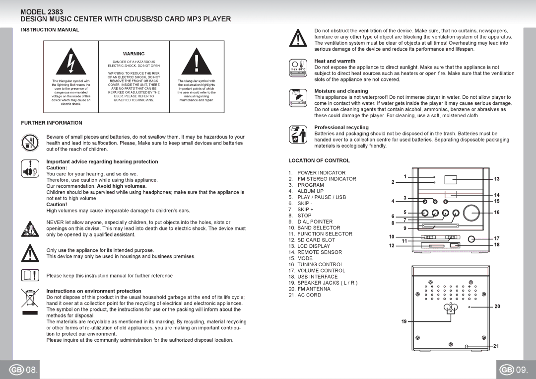 Elta 2383 manual Design Music Center with CD/USB/SD Card MP3 Player, Further Information, Location of Control 