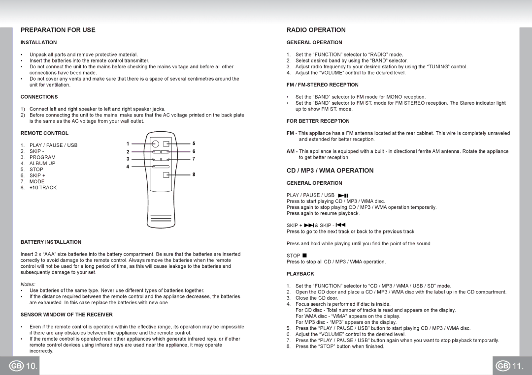 Elta 2383 manual Preparation for USE, Radio Operation, CD / MP3 / WMA Operation 