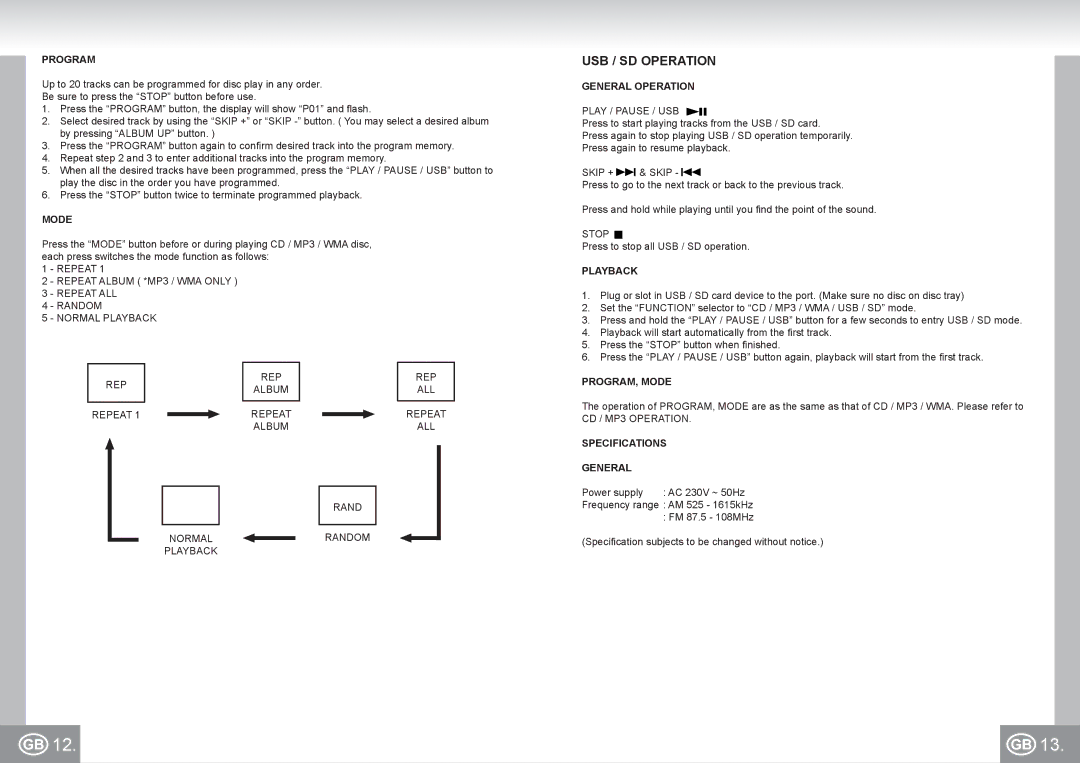 Elta 2383 manual USB / SD Operation, Program, PROGRAM, Mode, Specifications General 