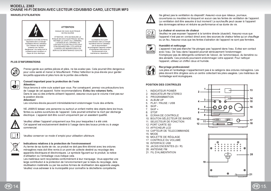 Elta 2383 manual Modell, Manueld’Utilisation, Plus D’INFORMATIONS, Position DES Controles, Fil D’Alimentation 