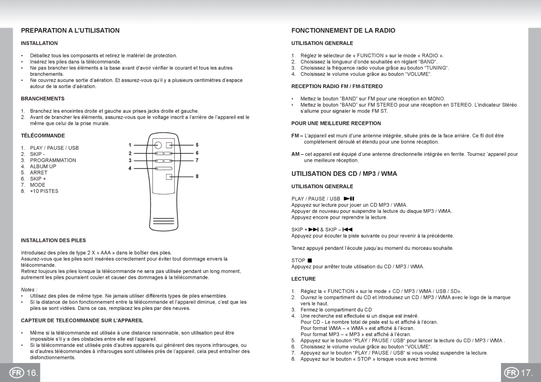 Elta 2383 manual Preparation a L’UTILISATION, Fonctionnement DE LA Radio, Utilisation DES CD / MP3 / WMA 