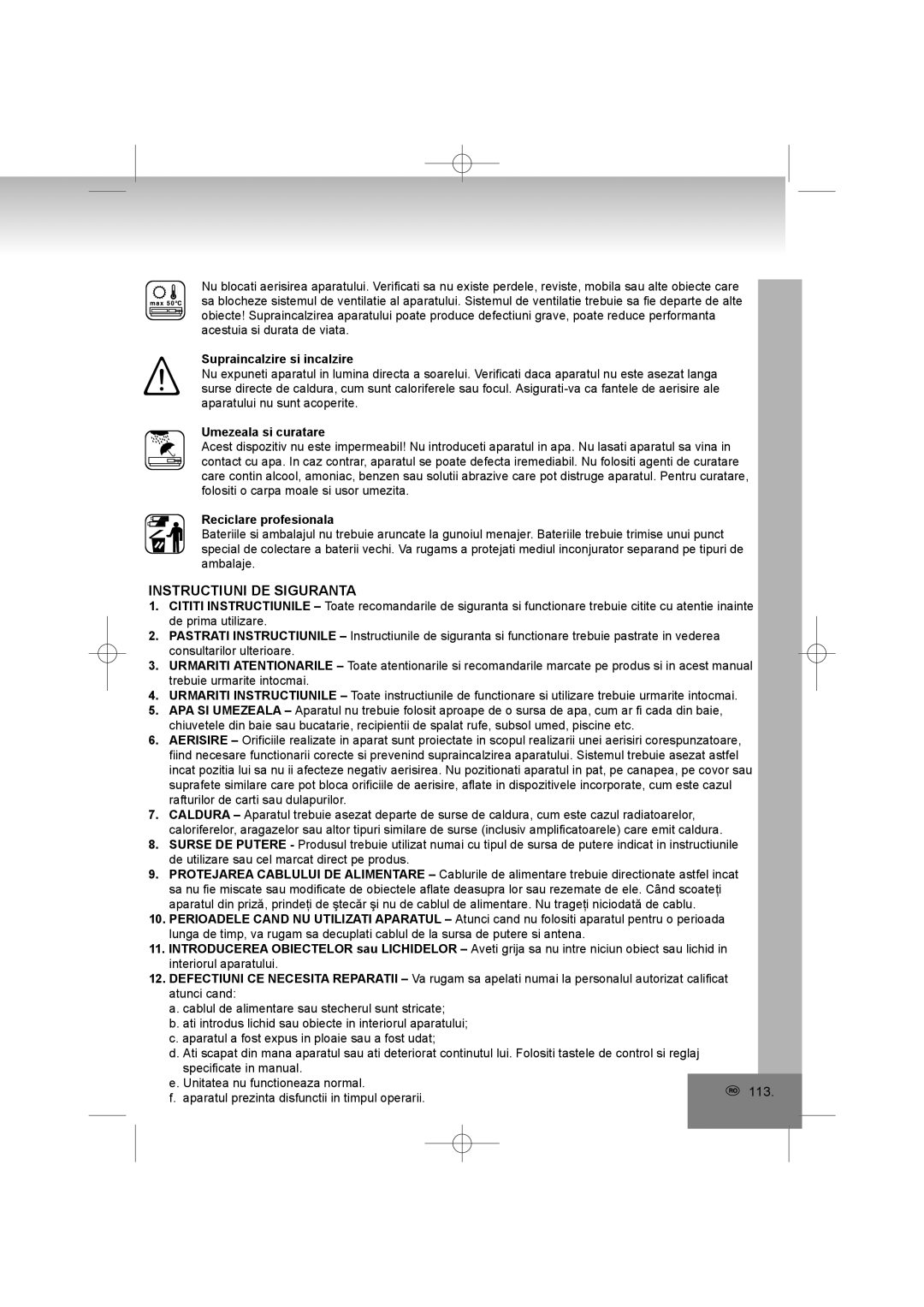 Elta 2402N manual Instructiuni DE Siguranta, Supraincalzire si incalzire, Umezeala si curatare, Reciclare profesionala 