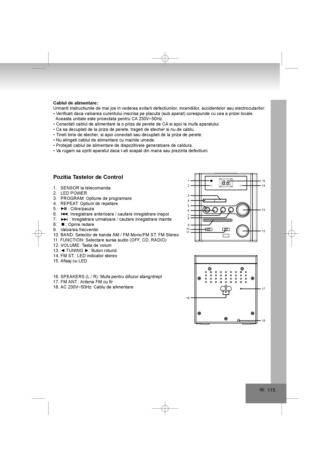 Elta 2402N manual Pozitia Tastelor de Control, Cablul de alimentare 