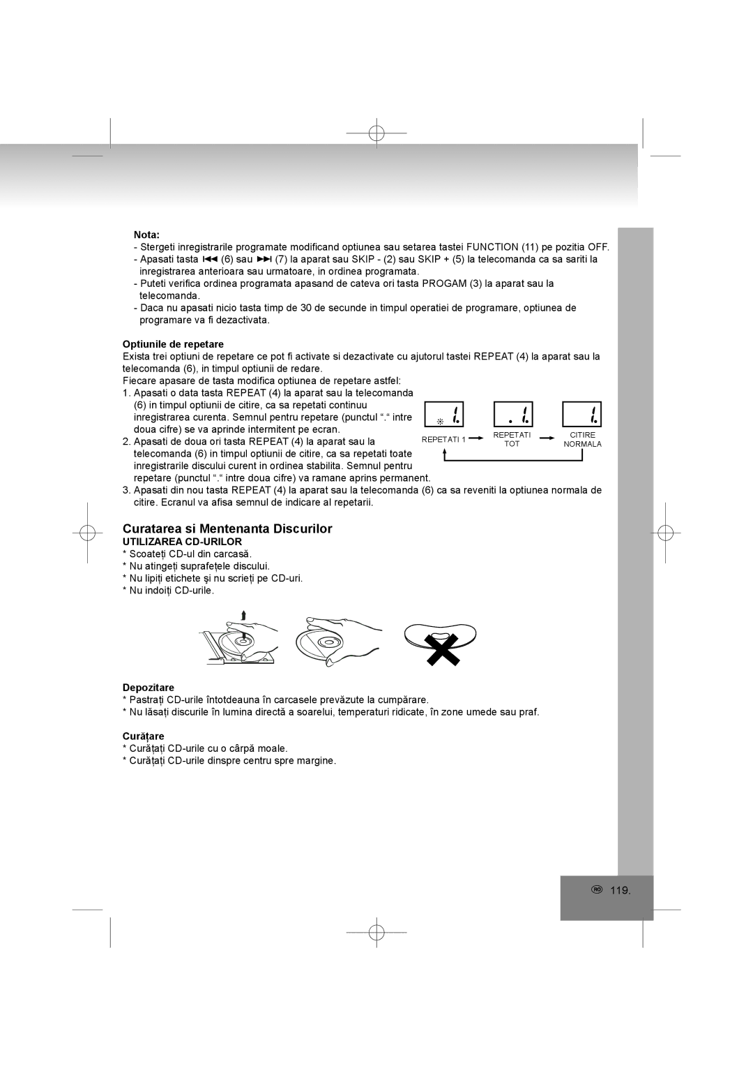 Elta 2402N manual Curatarea si Mentenanta Discurilor, Optiunile de repetare, Utilizarea CD-URILOR, Depozitare, Curăţare 