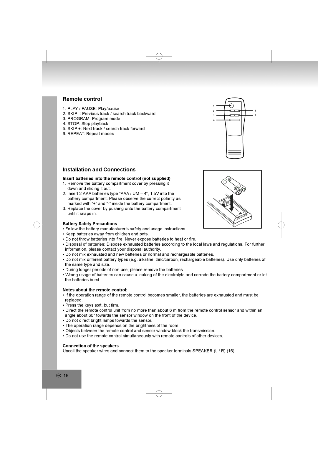 Elta 2402N manual Remote control, Installation and Connections, Insert batteries into the remote control not supplied 