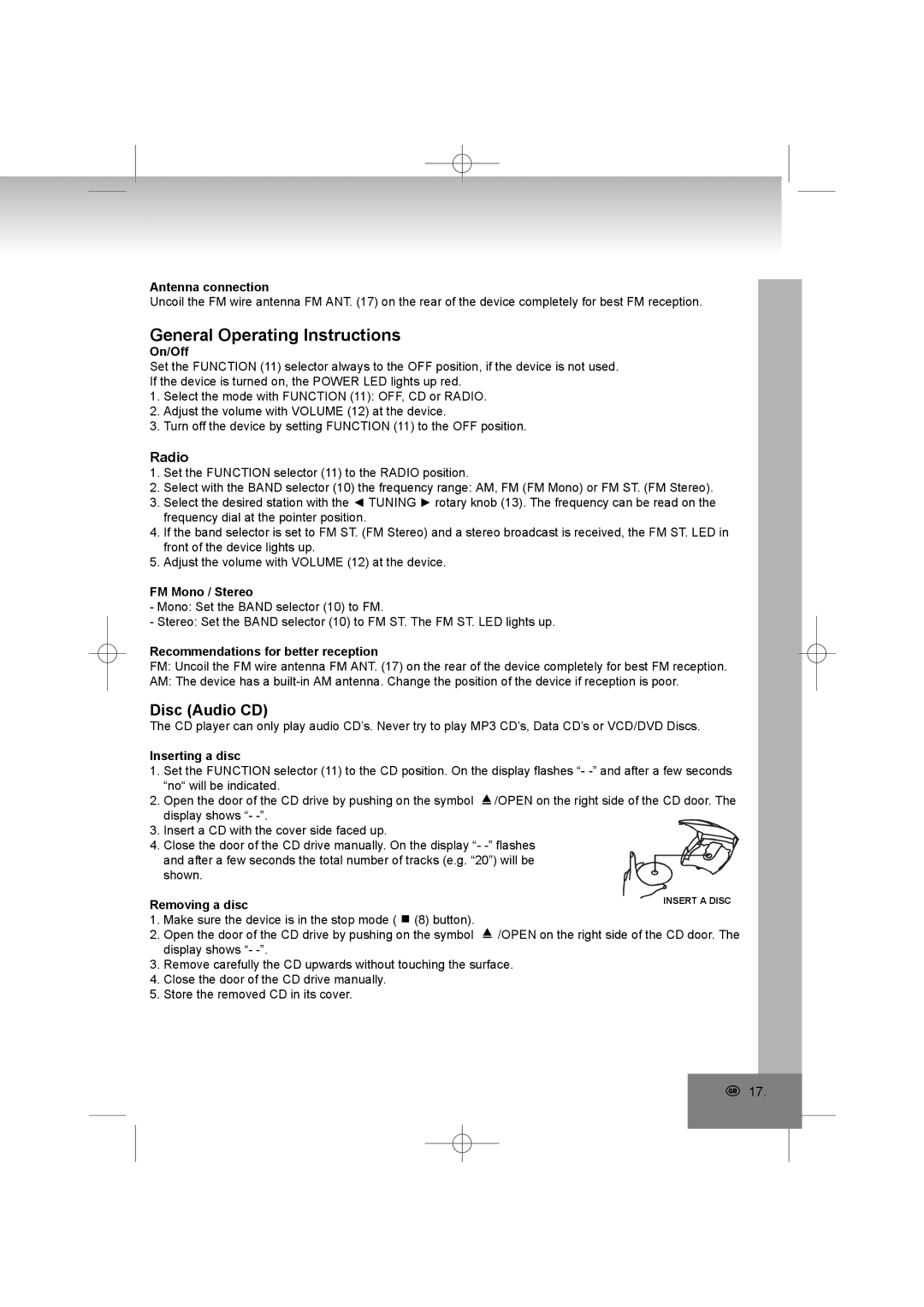 Elta 2402N manual General Operating Instructions, Disc Audio CD 