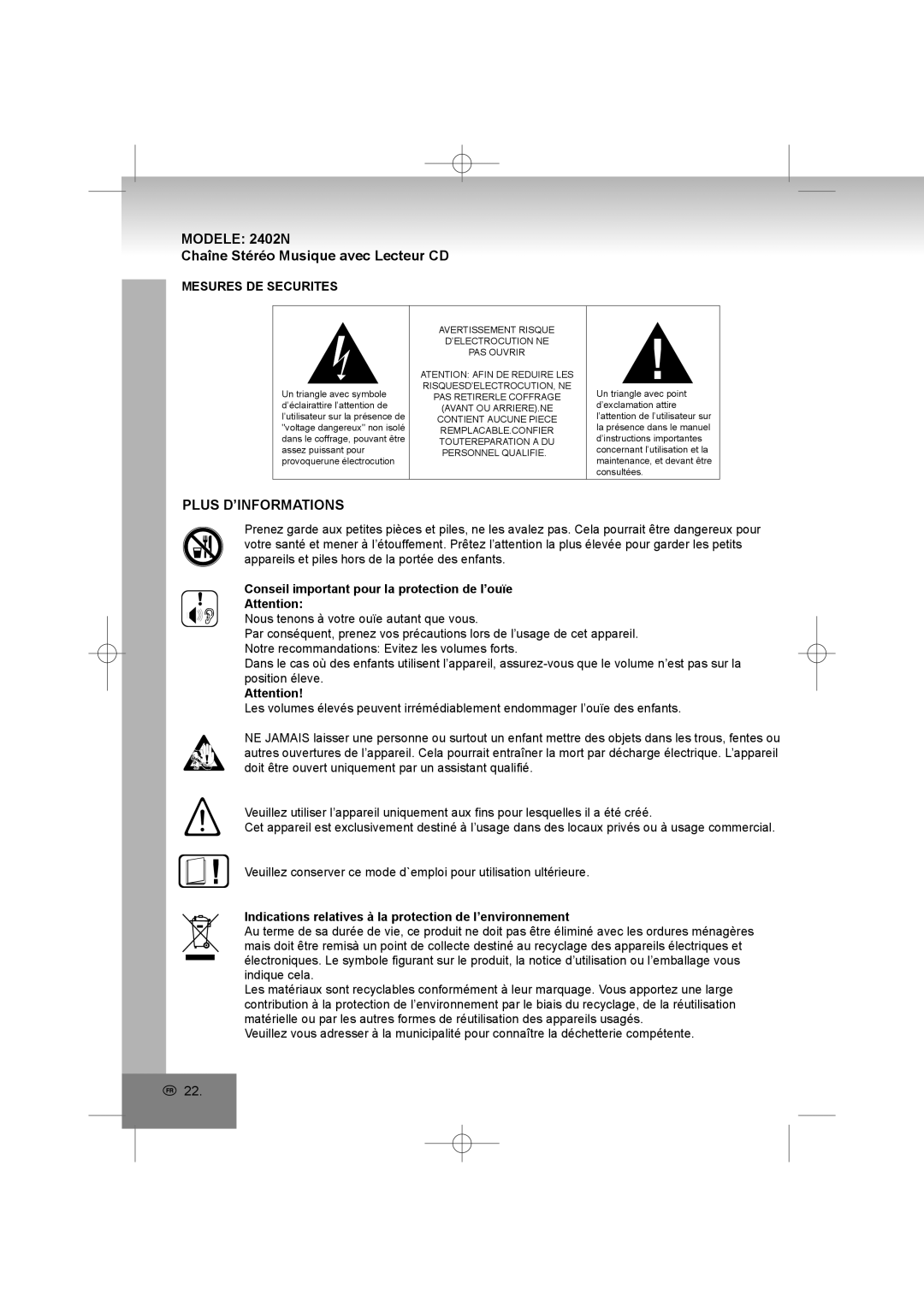 Elta manual Modele 2402N, Chaîne Stéréo Musique avec Lecteur CD, Plus D’INFORMATIONS, Mesures DE Securites 