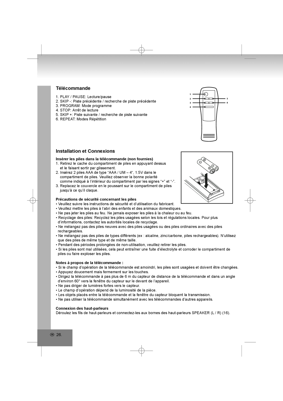 Elta 2402N manual Télécommande, Installation et Connexions, Insérer les piles dans la télécommande non fournies 