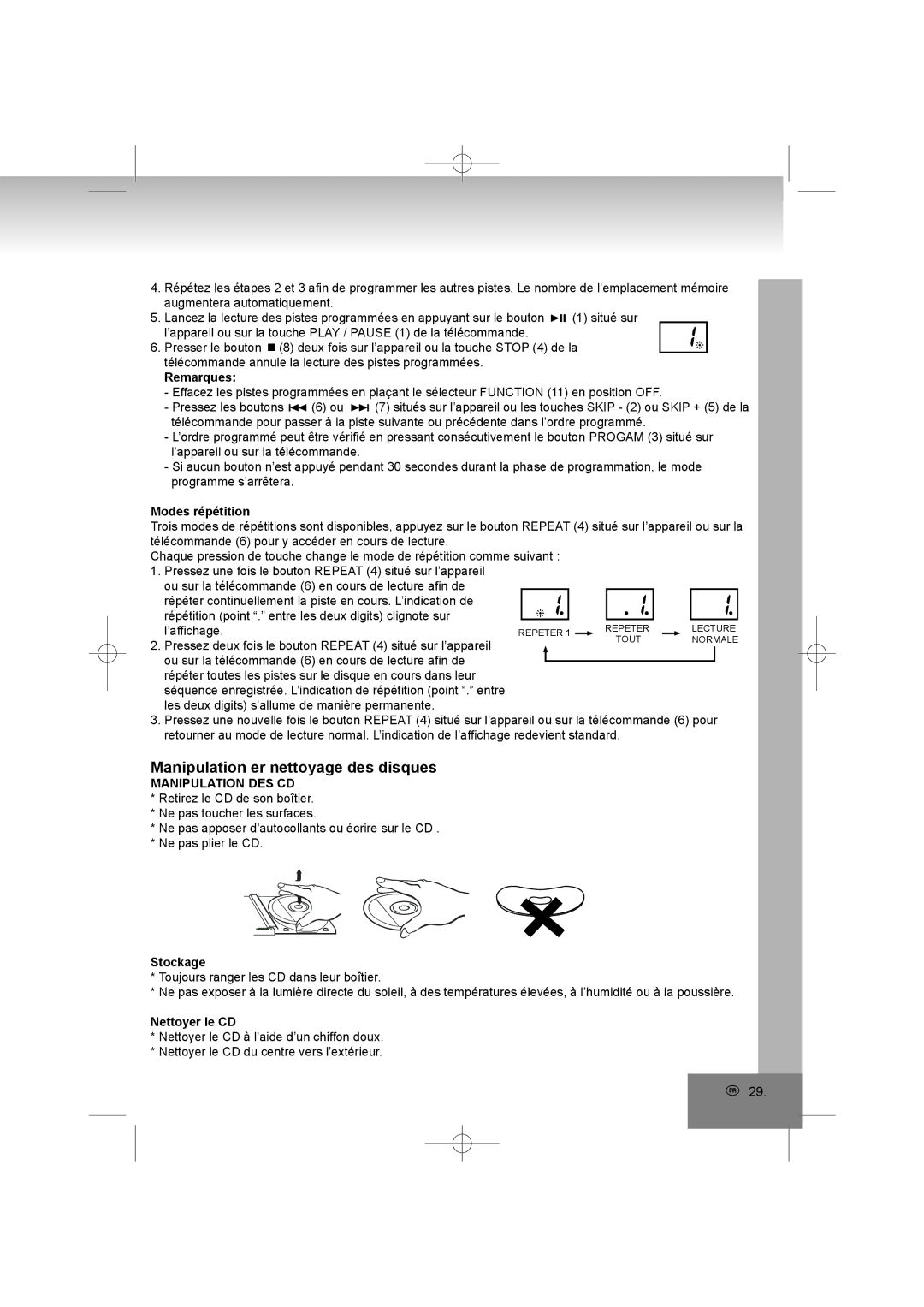 Elta 2402N manual Manipulation er nettoyage des disques, Modes répétition, Manipulation DES CD, Stockage, Nettoyer le CD 