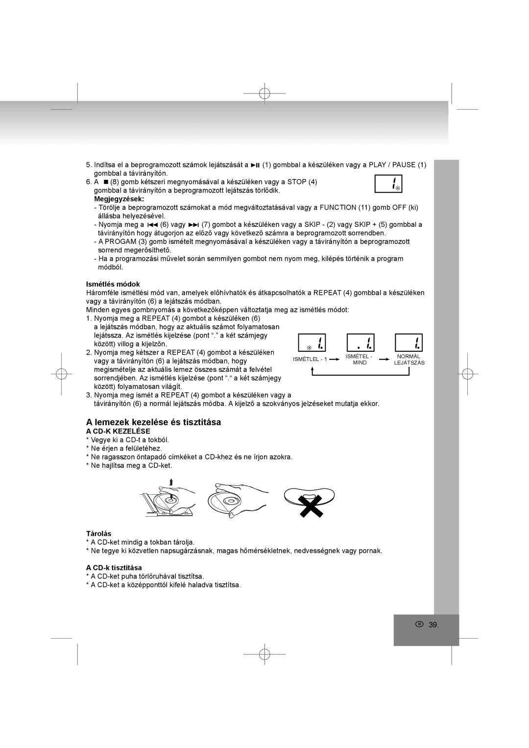 Elta 2402N manual Lemezek kezelése és tisztítása, CD-K Kezelése 