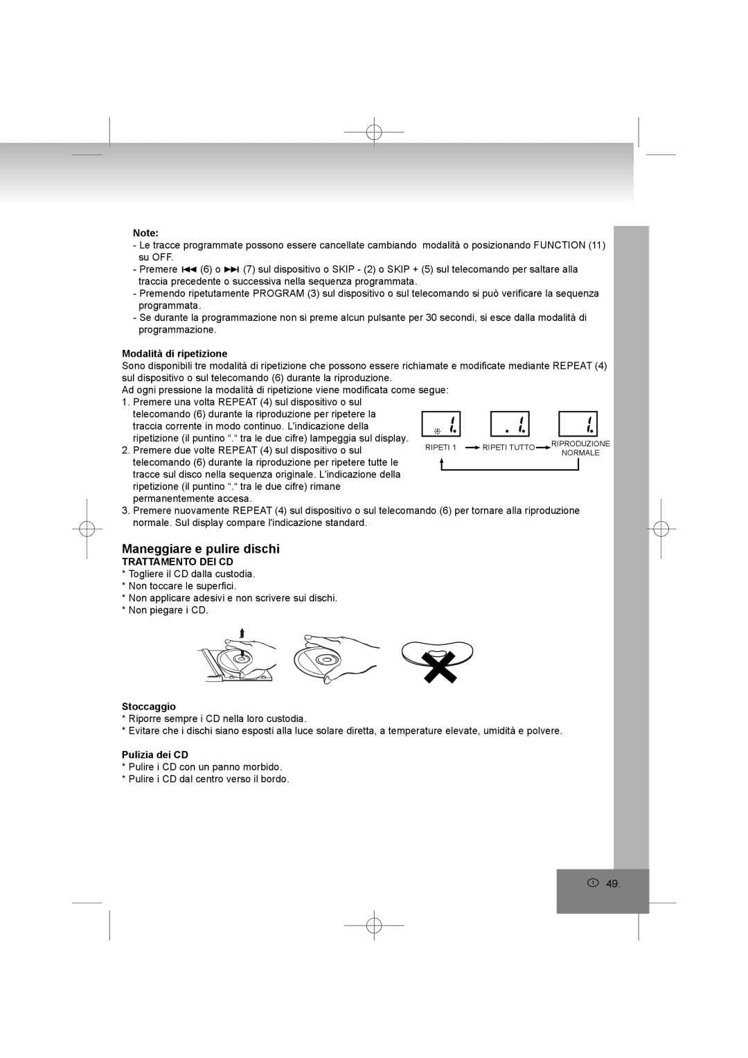 Elta 2402N manual Maneggiare e pulire dischi, Modalità di ripetizione, Trattamento DEI CD, Stoccaggio, Pulizia dei CD 