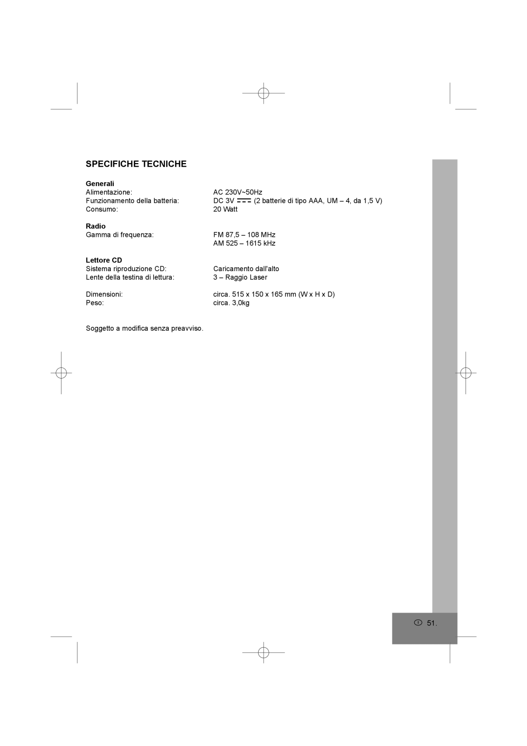 Elta 2402N manual Specifiche Tecniche, Generali, Lettore CD 