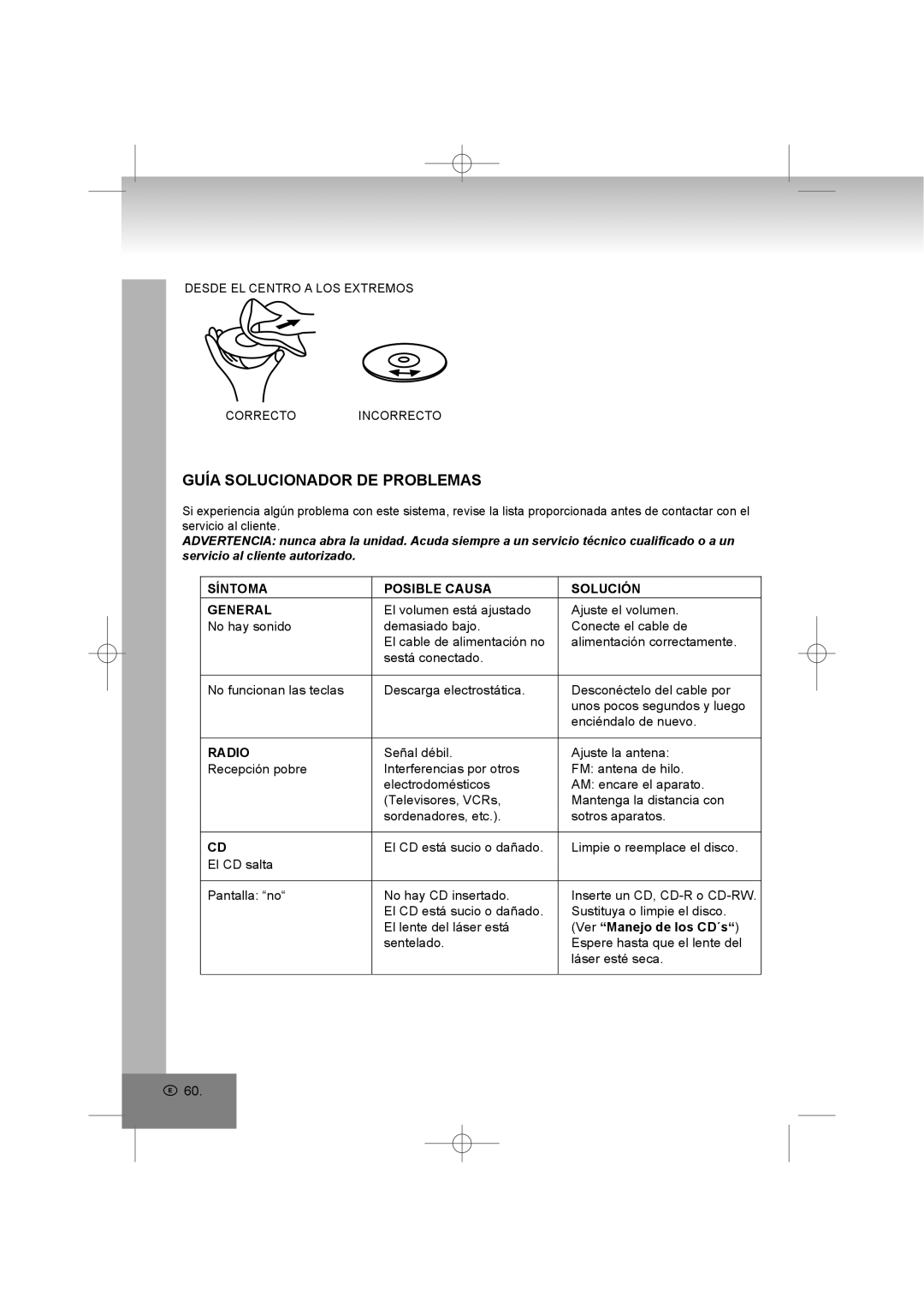 Elta 2402N manual Guía Solucionador DE Problemas, Síntoma Posible Causa Solución General, Ver Manejo de los CD´s 