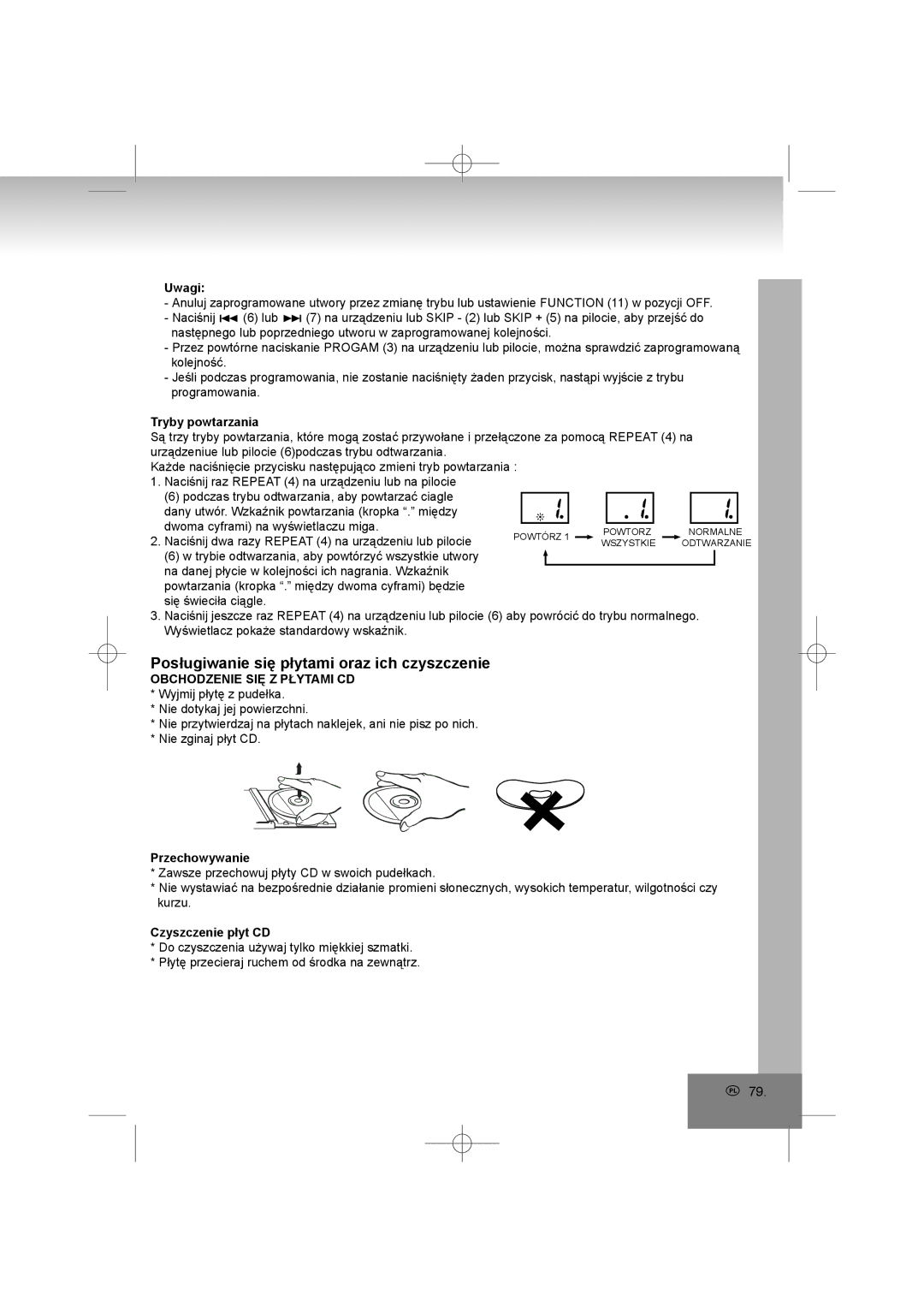 Elta 2402N Posługiwanie się płytami oraz ich czyszczenie, Tryby powtarzania, Obchodzenie SIĘ Z Płytami CD, Przechowywanie 