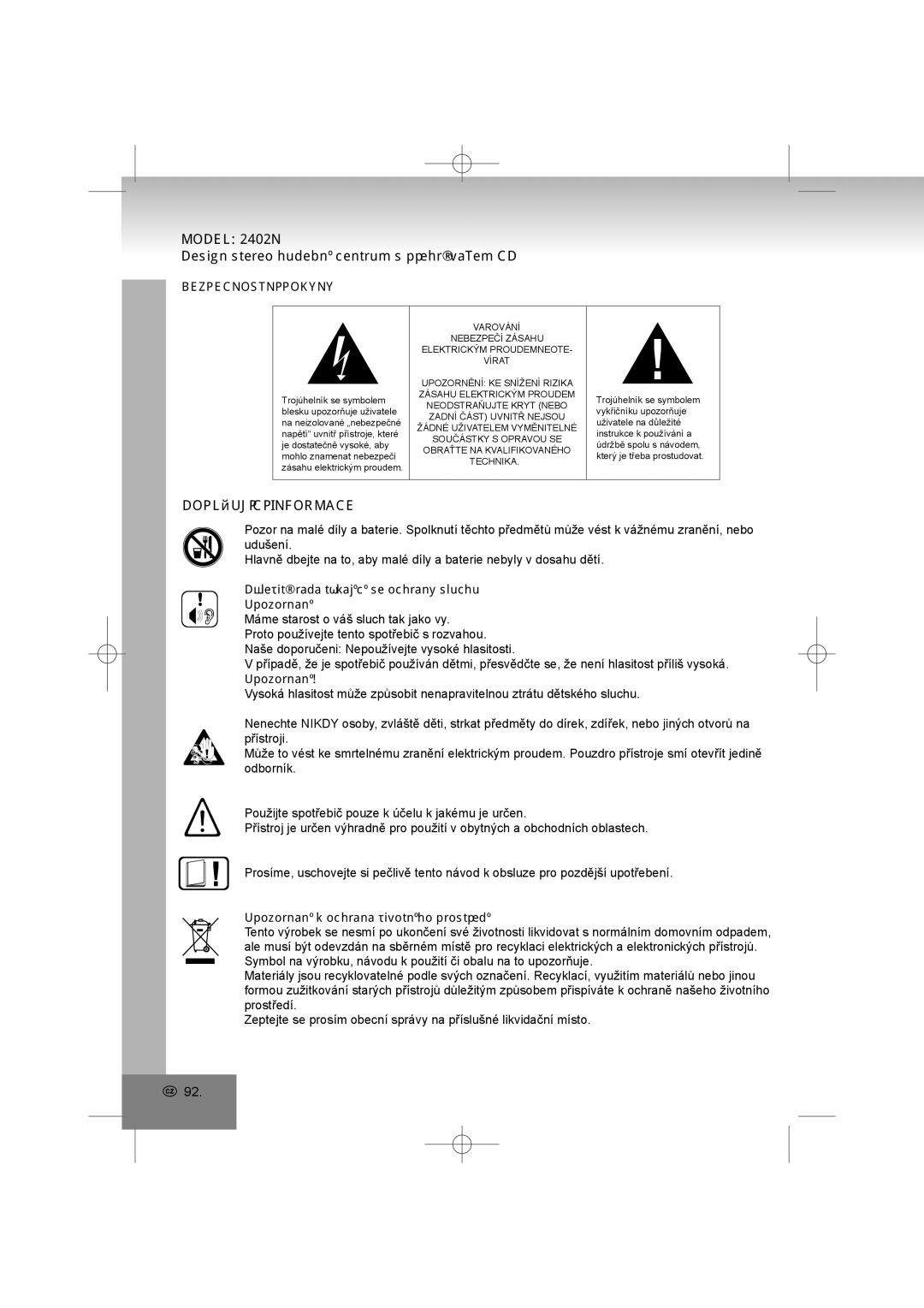 Elta manual Model 2402N Design stereo hudební centrum s přehrávačem CD, Doplňující Informace, Bezpečnostní Pokyny 