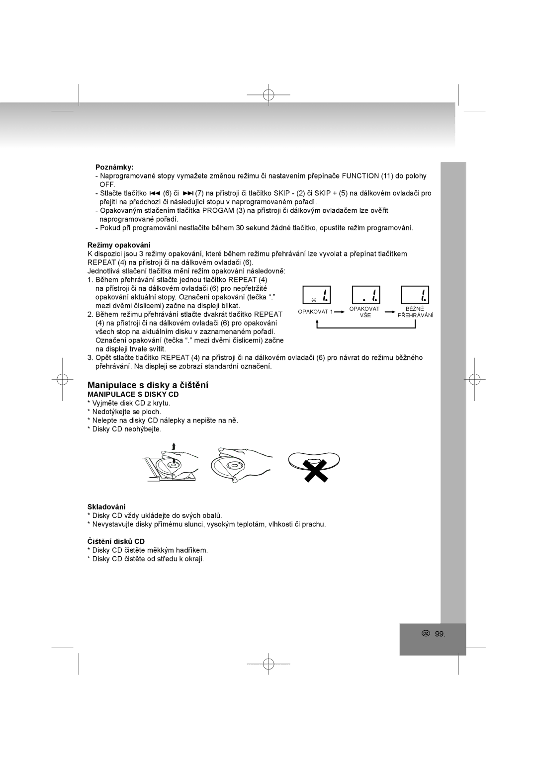 Elta 2402N manual Manipulace s disky a čištění, Režimy opakování, Manipulace S Disky CD, Skladování, Čištění disků CD 