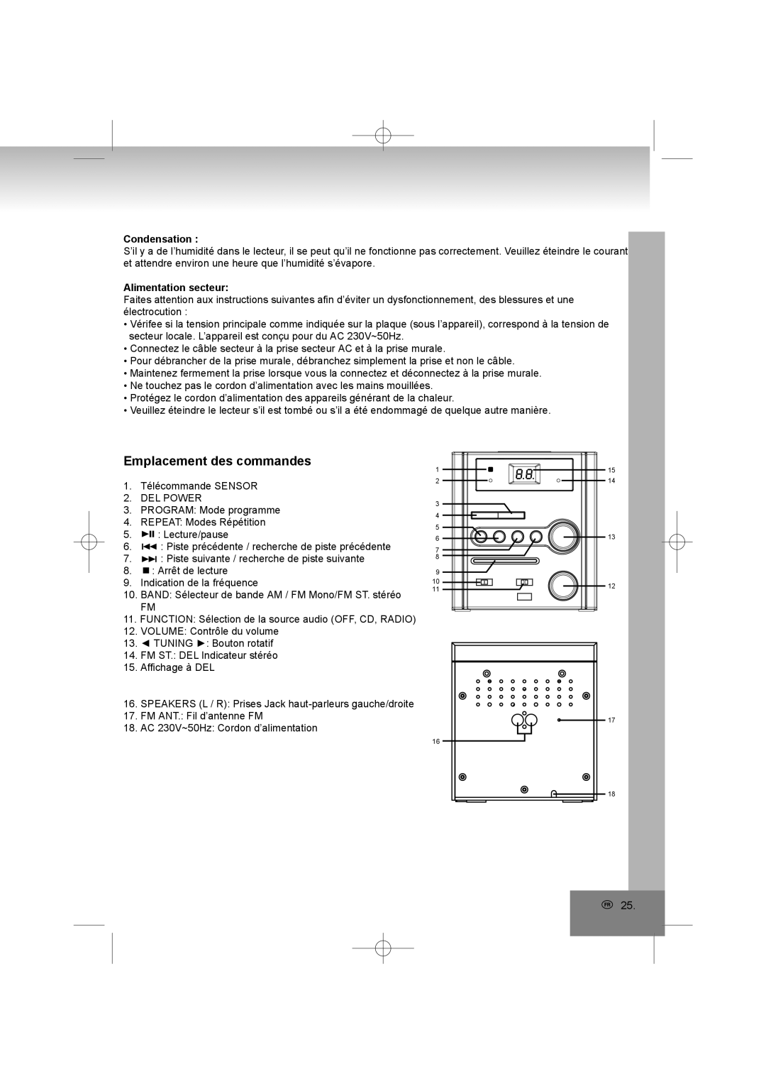 Elta 2402N manual Emplacement des commandes, Alimentation secteur, Condensation 