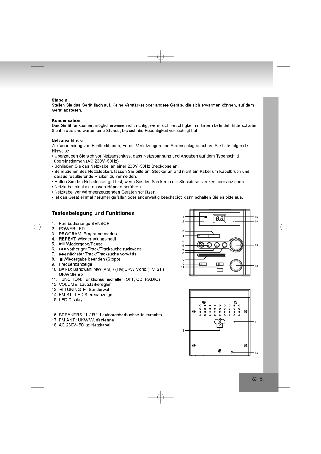 Elta 2402N manual Tastenbelegung und Funktionen, Stapeln, Kondensation, Netzanschluss 