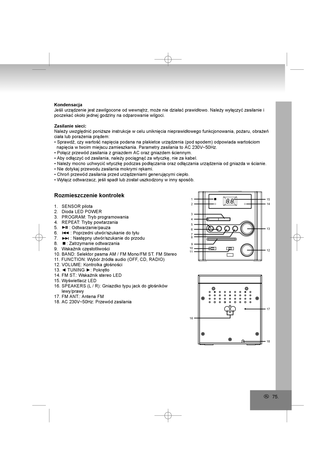 Elta 2402N manual Rozmieszczenie kontrolek, Kondensacja, Zasilanie sieci 