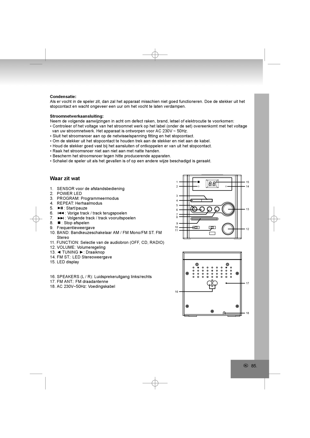 Elta 2402N manual Waar zit wat, Condensatie, Stroomnetwerkaansluiting 