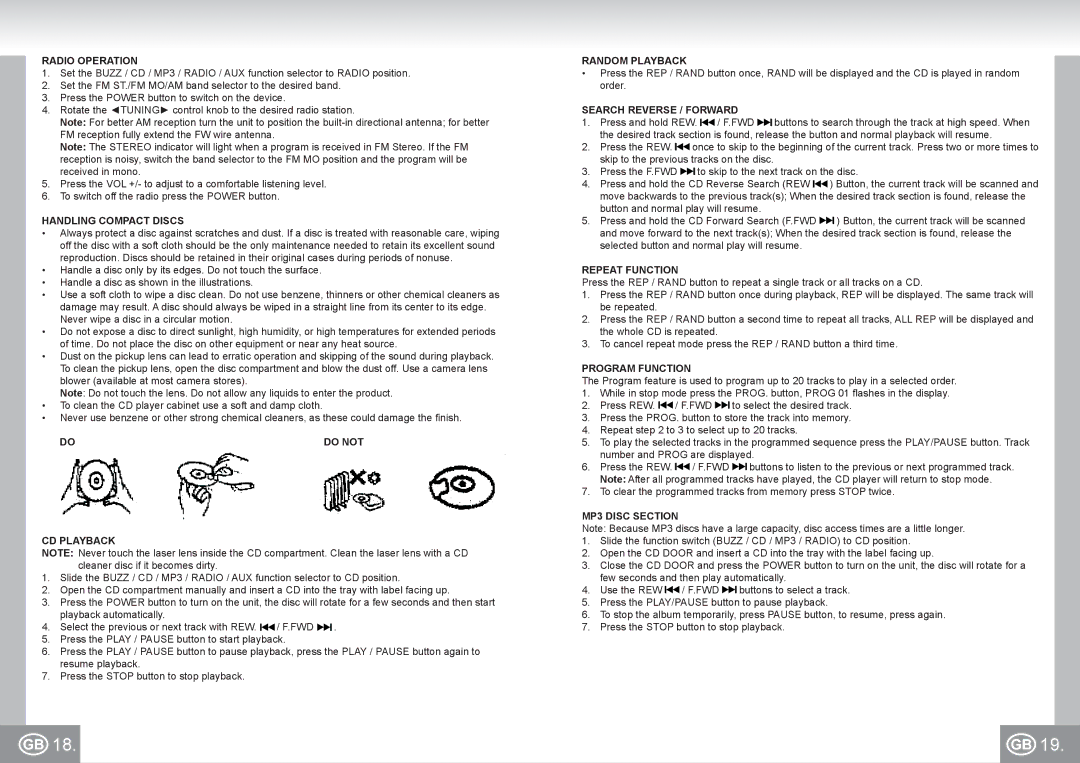 Elta 2422 manual Radio Operation, Handling Compact Discs, Do not, CD Playback, Random Playback, Search Reverse / Forward 