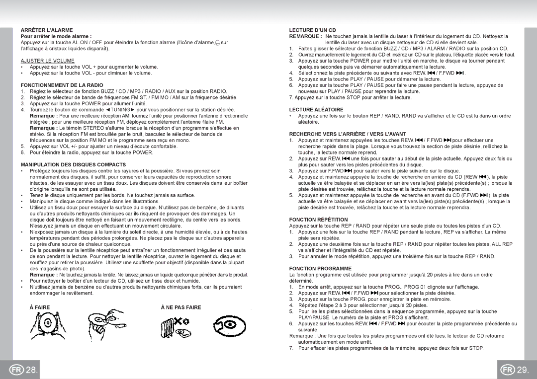 Elta 2422 manual Arrêter L’ALARME, Fonctionnement DE LA Radio, Manipulation DES Disques Compacts, Lecture Aléatoire 