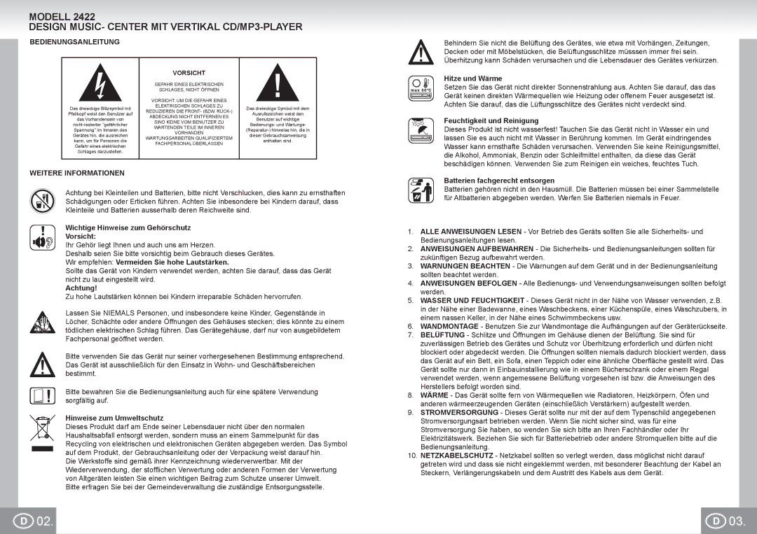 Elta 2422 manual Modell Design MUSIC- Center MIT Vertikal CD/MP3-PLAYER, Bedienungsanleitung, Weitere Informationen 