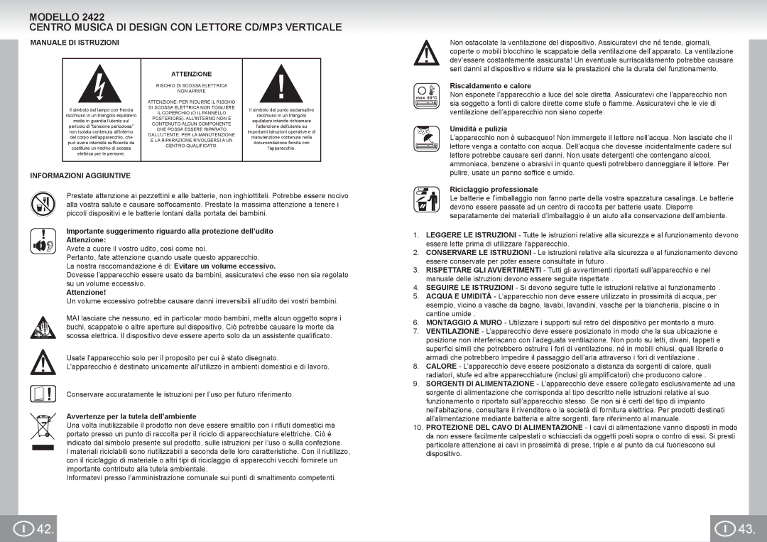 Elta 2422 manual Manuale DI Istruzioni, Informazioni Aggiuntive 