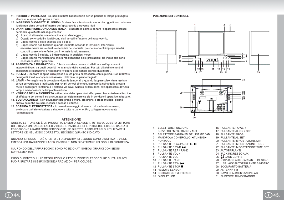 Elta 2422 manual Attenzione, Posizione DEI Controlli 