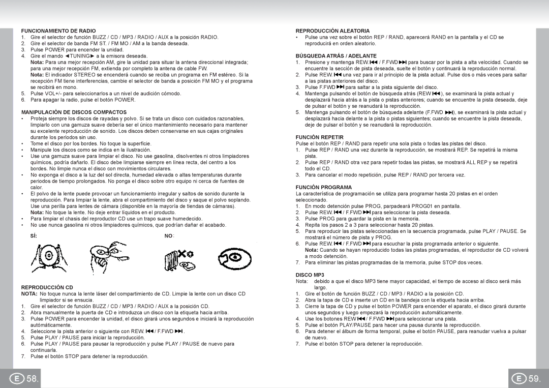 Elta 2422 manual Funcionamiento DE Radio, Manipulación DE Discos Compactos, Síno Reproducción CD, Reproducción Aleatoria 