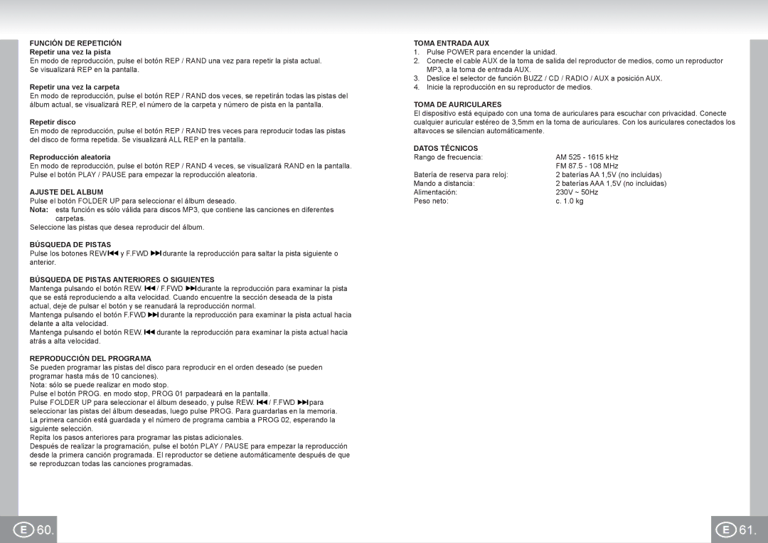 Elta 2422 manual Función DE Repetición, Ajuste DEL Album, Búsqueda DE Pistas Anteriores O Siguientes, Toma Entrada AUX 