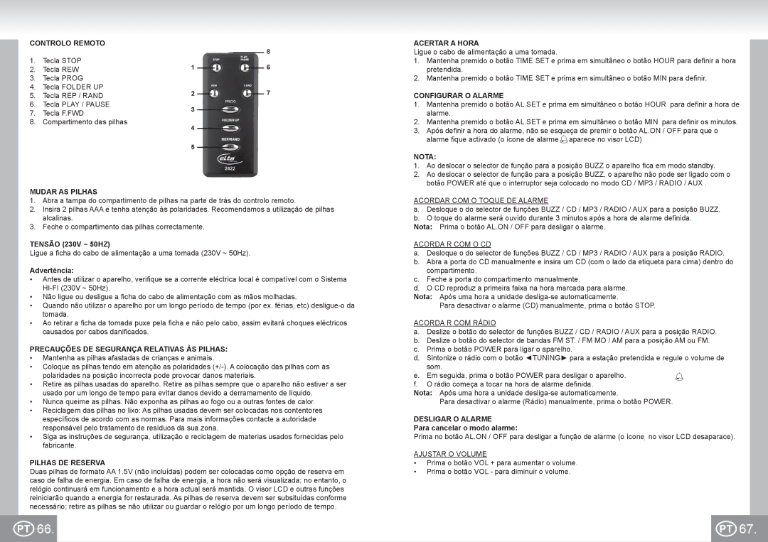 Elta 2422 Controlo Remoto, Mudar AS Pilhas, Precauções DE Segurança Relativas ÀS Pilhas, Pilhas DE Reserva, Acertar a Hora 