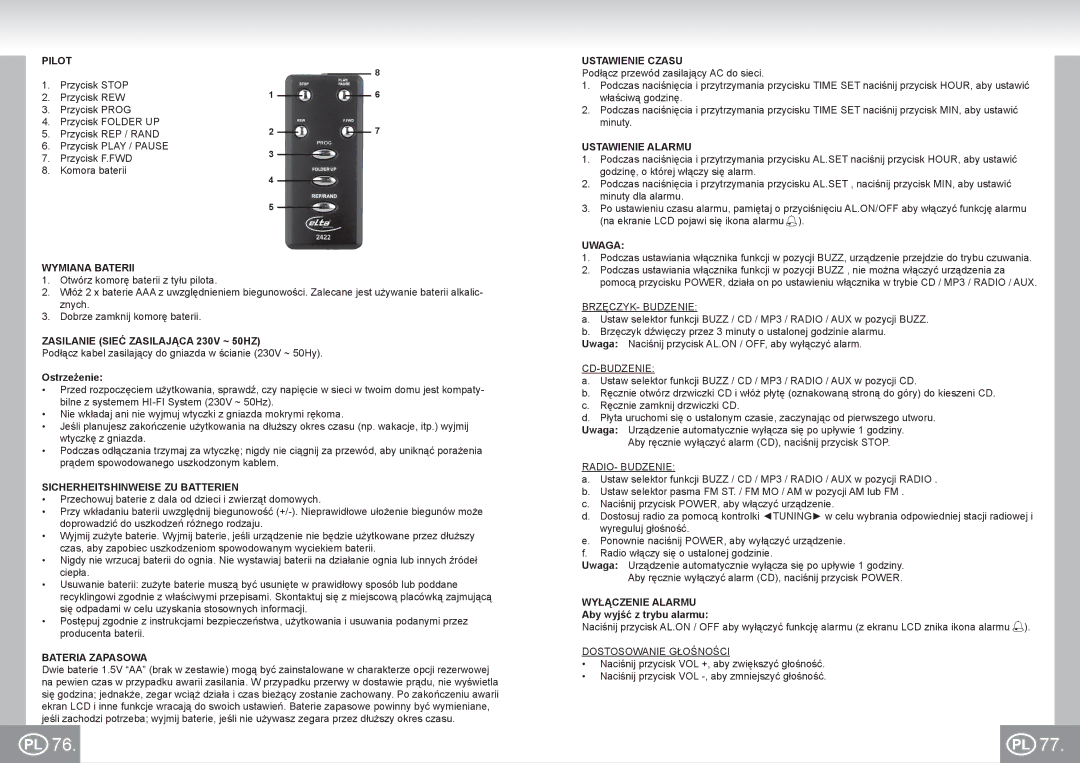 Elta 2422 manual Pilot, Wymiana Baterii, Zasilanie Sieć Zasilająca 230V ~ 50HZ, Bateria Zapasowa, Ustawienie Czasu, Uwaga 