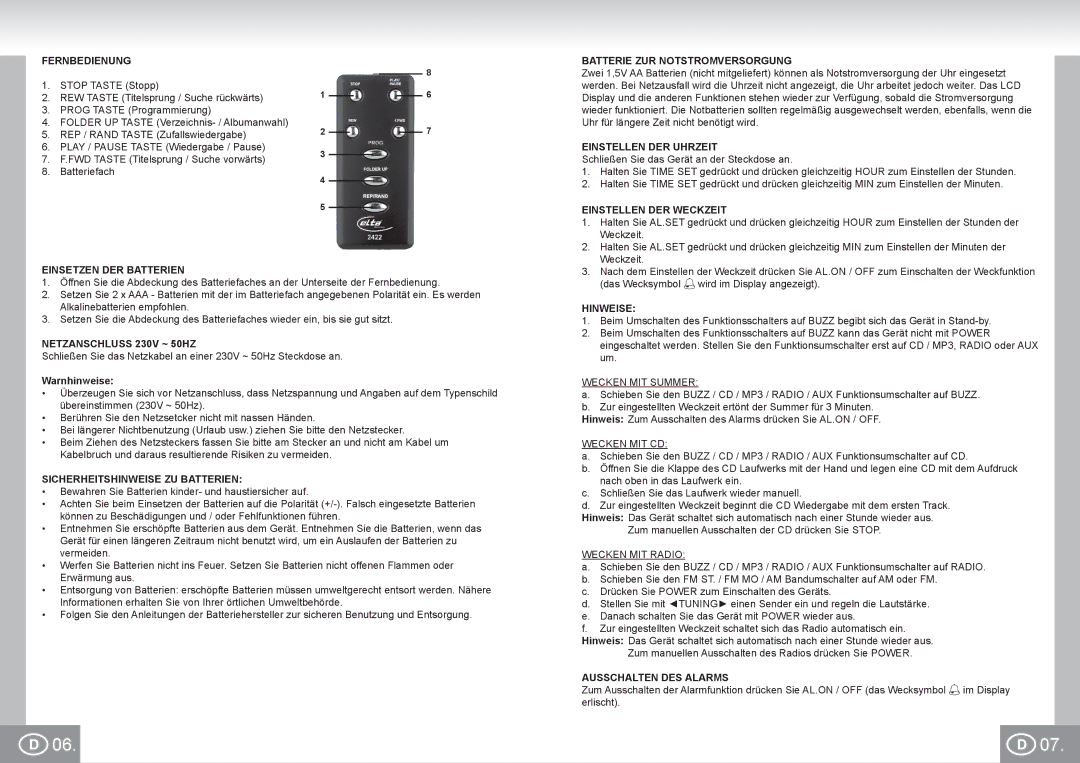 Elta 2422 Fernbedienung, Batterie ZUR Notstromversorgung, Einstellen DER Uhrzeit, Netzanschluss 230V ~ 50HZ, Hinweise 