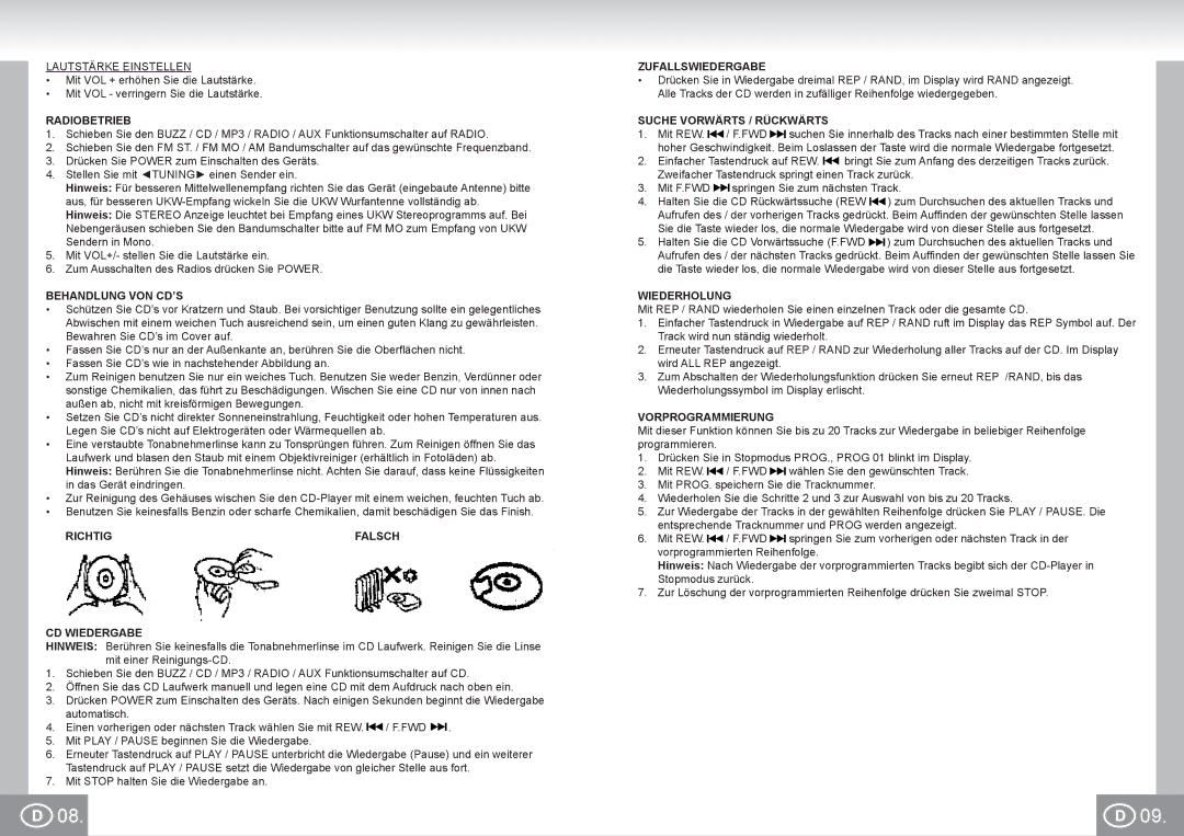 Elta 2422 manual Radiobetrieb, Behandlung VON CD’S, Richtig, CD Wiedergabe, Zufallswiedergabe, Suche Vorwärts / Rückwärts 