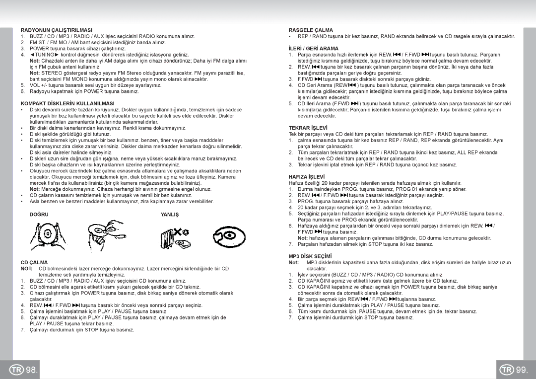 Elta 2422 Radyonun Çaliştirilmasi, Kompakt Dİsklerİn Kullanilmasi, Doğru, CD Çalma, Rasgele Çalma, İlerİ / Gerİ Arama 