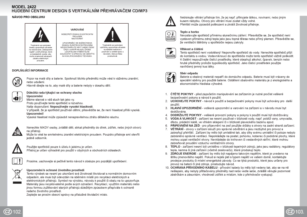 Elta 2422 manual 102 103, Hudební Centrum Design S Vertikálním Přehrávačem CD/MP3, Návod PRO Obsluhu, Doplňující Informace 